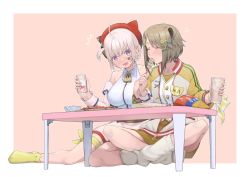 Rule 34 | 2girls, ^^^, ^ ^, animal ears, animare, aogiri koukou, armband, bag of chips, bandaid, bandaid on face, bare shoulders, bear ears, bottle, breasts, brown hair, closed eyes, collared shirt, cup, feeding, flat chest, food, full body, grey hair, hair ornament, hairclip, hat, heart, highres, holding, holding bottle, holding cup, indian style, jacket, kazu no reason, konan mia, large breasts, long sleeves, multiple girls, nanashi inc., one side up, ooshiro mashiro, open mouth, purple eyes, red headwear, shirt, short hair, sitting, skewer, sleeveless, sleeveless shirt, socks, sweat, table, thigh strap, vest, virtual youtuber, wariza, white shirt, white socks, white vest, wrist cuffs, x hair ornament, yellow socks