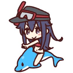 Rule 34 | &gt;:&gt;, + +, 1girl, akatsuki (kancolle), bikini, blush, chibi, commentary request, diving mask, diving mask on head, dolphin, flat cap, goggles, goggles on head, hat, kantai collection, long hair, lowres, navel, purple eyes, purple hair, red bikini, riding, scuba gear, simple background, solo, swimsuit, v-shaped eyebrows, white background, yoru nai