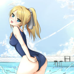 Rule 34 | 1girl, adjusting clothes, adjusting swimsuit, blonde hair, blue eyes, blush, fang, ffmania7, highres, isshiki (ffmania7), long hair, one-piece swimsuit, open mouth, original, ponytail, school swimsuit, solo, swimsuit