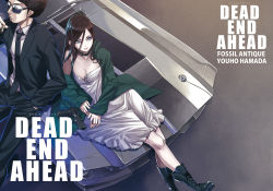 Rule 34 | 1boy, 1girl, afro, bad id, bad pixiv id, blue eyes, boots, brown hair, car, cigarette, cross-laced footwear, dress, elbow rest, english text, facial hair, ford, ford mustang, ford mustang (1st generation), formal, goatee, green jacket, gun, hair between eyes, hamada youho, hand in pocket, handgun, highres, jacket, lace-up boots, motor vehicle, muscle car, necktie, on vehicle, original, sitting, smoking, suit, suit jacket, sunglasses, vehicle, weapon, weapon request, white dress