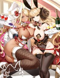 Rule 34 | 2girls, ahoge, anila (granblue fantasy), animal ears, ass, asymmetrical docking, bare shoulders, black leotard, black thighhighs, blonde hair, blurry, blurry background, bottle, breast press, breasts, casul, checkered floor, commentary, covered navel, curled horns, dark-skinned female, dark skin, detached collar, draph, fake animal ears, fishnet thighhighs, fishnets, food, fruit, gluteal fold, granblue fantasy, grapes, grin, groin, highleg, highleg leotard, highres, holding, holding tray, horns, huge breasts, indoors, kumbhira (granblue fantasy), large breasts, leotard, long hair, looking at viewer, multiple girls, one eye closed, parted bangs, pasties, playboy bunny, rabbit ears, skindentation, smile, stairs, strapless, strapless leotard, symbol-only commentary, tassel, thick eyebrows, thigh gap, thighhighs, thighs, tile floor, tiles, tray, v, white footwear, white leotard, wine bottle, yellow eyes