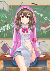 1girl absurdres brown_hair chalkboard classroom desk feet flickmann_ss highres hood hooded_jacket hori_yuko idolmaster idolmaster_cinderella_girls jacket light_blush long_hair looking_at_viewer red_eyes school_desk smile socks soles