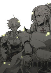 Rule 34 | 2boys, armor, breastplate, cape, chainmail, closed mouth, commentary request, cross, gauntlets, greyscale, hair between eyes, high ponytail, leg armor, long hair, looking at another, looking back, lord knight (ragnarok online), male focus, monochrome, multiple boys, paladin (ragnarok online), parted bangs, partially colored, pauldrons, ragnarok online, randel lawrence, red eyes, scabbard, scar, scar on face, seyren windsor, sheath, short hair, shoulder armor, spiked gauntlets, sptbird, tabard, upper body