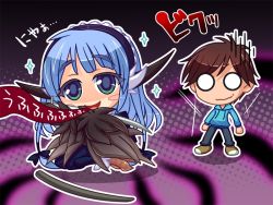 Rule 34 | 1boy, 1girl, blue eyes, blue hair, blush, chibi, feathered wings, feathers, game cg, hair ornament, harpy, japanese clothes, katana, long hair, mamono musume-tachi to no rakuen ~kumo to tori to hitotsume to~, mamonomusume to no seikatsu, monster girl, open mouth, rupyua, smile, sword, weapon, winged arms, wings