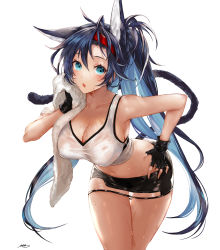Rule 34 | 1girl, animal ears, apt, arknights, black gloves, black hair, black skirt, blaze (arknights), blue eyes, blush, breasts, cat ears, cat tail, cleavage, collarbone, drying, extra ears, gloves, hairband, highres, large breasts, long hair, looking at viewer, midriff, miniskirt, narrow waist, navel, open mouth, ponytail, red hairband, shirt, skirt, solo, sweat, tail, thighs, towel, very long hair, white background, white shirt