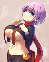 Rule 34 | 1girl, blue eyes, blueberry (5959), blush, breasts, earrings, groin, jewelry, large breasts, looking at viewer, midriff, navel, open mouth, original, pouch, purple hair, red scarf, scarf, short hair, simple background, solo, standing, suspenders, underboob
