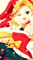 Rule 34 | 1girl, ambitious elf jinx, blonde hair, boots, bow, choker, christmas, christmas tree, fang, gloves, jinx (league of legends), league of legends, long hair, pointy ears, ribbon, santa hat, skirt, thighhighs, wink