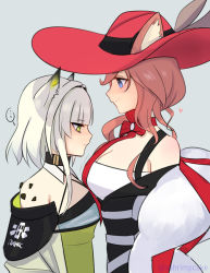 Rule 34 | ..., 2girls, animal ear fluff, animal ears, arknights, bare shoulders, black choker, black dress, blue eyes, breast envy, breasts, brown hair, cat ears, choker, cleavage, dress, ears through headwear, feather boa, green dress, green eyes, grey background, hat, heidi (arknights), height difference, kal&#039;tsit (arknights), large breasts, material growth, multiple girls, off shoulder, oripathy lesion (arknights), red choker, red headwear, short hair, silver hair, simple background, spoken ellipsis, strapless, sun hat, supershrimpcakes, tube top, upper body