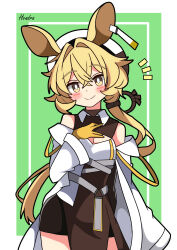 Rule 34 | 1girl, absurdres, animal ears, arknights, bare shoulders, black dress, black shorts, blonde hair, blush, border, breasts, cleavage, closed mouth, contrapposto, dorothy (arknights), dot nose, dress, ear tag, green background, hair between eyes, hair intakes, head tilt, hendra, highres, inset border, jacket, large breasts, long hair, looking at viewer, low-tied long hair, mouse ears, mouse girl, off shoulder, open clothes, open jacket, pelvic curtain, shorts, side slit, sidelocks, simple background, smile, solo, white border, white jacket, yellow eyes