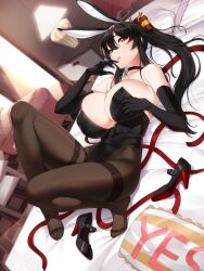 Rule 34 | 1girl, akchu, animal ears, bare shoulders, black gloves, black hair, black leotard, blurry, blurry background, breasts, brown pantyhose, chobi (akchu), choker, cleavage, covered erect nipples, covered navel, elbow gloves, feet, gloves, grabbing own breast, hair between eyes, high heels, highleg, highleg leotard, highres, huge breasts, knees up, legs, leotard, long hair, looking at viewer, lying, no shoes, on back, on bed, original, pantyhose, parted lips, pillow, playboy bunny, ponytail, rabbit ears, red eyes, ribbon, shoes, unworn shoes, solo, thighband pantyhose, toes, undersized breast cup, yes-no pillow