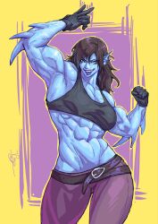 Rule 34 | 1509virgoart, 1girl, abs, belt, biceps, black belt, black bra, black gloves, black hair, blue eyes, blue skin, bra, brown pants, character request, colored skin, copyright request, fins, flexing, gloves, head fins, highres, long hair, looking at viewer, muscular, muscular female, open mouth, pants, purple background, sharp teeth, signature, solo, teeth, two-tone background, underwear, v, yellow background