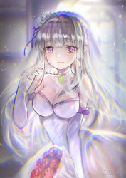 Rule 34 | 10s, 1girl, artist name, bare shoulders, blunt bangs, blurry, blush, bouquet, breasts, bride, choker, cleavage, closed mouth, dress, elbow gloves, emilia (re:zero), flower, gloves, holding, holding bouquet, light particles, long hair, looking at viewer, medium breasts, mirutu, pointy ears, purple eyes, re:zero kara hajimeru isekai seikatsu, red flower, red rose, rose, silver hair, smile, solo, upper body, veil, wedding dress, white dress, white gloves