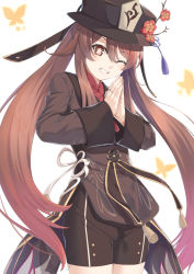 Rule 34 | 1girl, black hat, black shorts, brown eyes, brown hair, brown jacket, bug, butterfly, commentary request, flower, genshin impact, grin, hair between eyes, hat, hat flower, hu tao (genshin impact), insect, jacket, jewelry, long hair, long sleeves, looking at viewer, miri (ago550421), one eye closed, own hands together, palms together, red flower, red shirt, ring, shirt, short shorts, shorts, simple background, smile, solo, standing, twintails, very long hair, white background