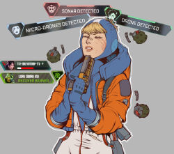 Rule 34 | 1girl, apex legends, b3 wingman, bloodhound (apex legends), blue bodysuit, blush, bodysuit, cable, closed eyes, commentary, crypto (apex legends), english commentary, explosive, facial scar, gameplay mechanics, grenade, gun, gun to head, handgun, highres, hood, hood down, hood up, hooded bodysuit, hooded jacket, imminent suicide, jacket, octane (apex legends), parted lips, revolver, scar, scar on cheek, scar on face, seer (apex legends), solo, tmact, wattson (apex legends), weapon, white bodysuit, wraith (apex legends)