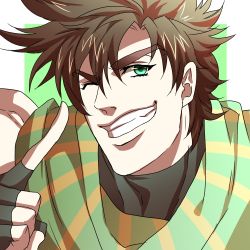 Rule 34 | 1boy, absurdres, fingerless gloves, gloves, green eyes, highres, jojo no kimyou na bouken, joseph joestar, joseph joestar (young), male focus, one eye closed, oururi33, pointing, pointing up, simple background, solo