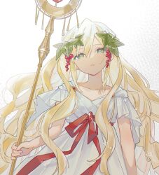 Rule 34 | 1girl, blonde hair, dress, food, fruit, grapes, green eyes, hair fruit, hair ornament, highres, holding, leaf hair ornament, long hair, looking at viewer, magi the labyrinth of magic, mole, mole under eye, parted lips, red ribbon, ribbon, scheherazade (magi), short sleeves, solo, staff, upper body, very long hair, wavy hair, white background, white dress, yayoripain