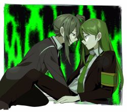 Rule 34 | 2boys, armband, bags under eyes, black coat, black jacket, black pants, brown eyes, censored, coat, collared shirt, dual persona, eye contact, feet out of frame, from side, green hair, green necktie, hair between eyes, hair bun, highres, jacket, library of ruina, lobotomy corporation, long hair, looking at another, male focus, mosaic censoring, mu46016419, multiple boys, necktie, netzach (project moon), outside border, pants, parted lips, profile, project moon, shirt, single side bun, straddling, sweat, sweatdrop, white shirt