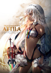 Rule 34 | 1girl, altera (fate), backlighting, bare shoulders, breasts, character name, closed mouth, comiket 93, commentary request, contrapposto, cowboy shot, dark-skinned female, dark skin, detached sleeves, english text, fate/grand order, fate (series), frills, from side, full-body tattoo, groin, highres, holding, holding sword, holding weapon, legs apart, long sleeves, looking afar, movie poster, navel, photon ray (fate), red eyes, revealing clothes, senzi, short hair, small breasts, solo, standing, stomach, sword, tattoo, text focus, v-shaped eyebrows, veil, weapon, white hair