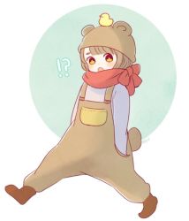Rule 34 | !?, 1girl, animal ears, ayu (mog), bear ears, bear hat, bear tail, bird, bright pupils, brown eyes, chick, full body, hands in pockets, long sleeves, looking at viewer, open mouth, original, overalls, red scarf, scarf, shoes, solo, tail, walking, white pupils