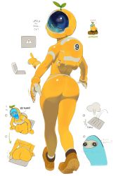 Rule 34 | 1girl, absurdres, among us, ankle boots, ass, astronaut, backpack, bag, bodysuit, boots, breasts, brekkist, brown footwear, commentary, crewmate (among us), english commentary, english text, from behind, full body, gloves, helmet, highres, impostor (among us), inconvenient ass, leaf, leaf on head, medium breasts, pointing, pointing forward, revision, solo focus, space helmet, ventilation shaft, walking, yellow bodysuit, yellow gloves