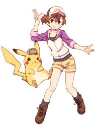 Rule 34 | 1girl, alternate costume, baseball cap, black legwear, black shirt, boots, brown eyes, brown footwear, brown hair, brown headwear, clothed pokemon, coin, collarbone, creatures (company), cross-laced footwear, crossover, deerstalker, detective pikachu, detective pikachu (character), flower, full body, game freak, gen 1 pokemon, hair between eyes, hair flower, hair ornament, hand up, hat, jacket, lace-up boots, long sleeves, looking at viewer, misaka mikoto, nintendo, pikachu, pokemon, pokemon (creature), power connection, raika9, shirt, short hair, short shorts, shorts, simple background, socks, toaru kagaku no railgun, toaru majutsu no index, white background, white flower, white jacket, yellow shorts