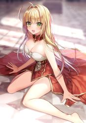 Rule 34 | 1girl, :d, ahoge, bare arms, bare legs, bare shoulders, barefoot, blonde hair, blush, breasts, checkered floor, cleavage, commentary request, detached collar, dress, eyes visible through hair, fate/extra, fate/grand order, fate (series), gambe, green eyes, hair intakes, highres, indoors, large breasts, long hair, looking at viewer, nero claudius (fate), nero claudius (fate) (all), nero claudius (fate/extra), on floor, open mouth, red dress, revision, sidelocks, sitting, smile, solo, strapless, strapless dress, thighs, wariza, window shadow