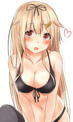 Rule 34 | 10s, 1girl, absurdres, aged up, alternate costume, arm support, bare shoulders, bikini, blonde hair, blush, breasts, cleavage, covered erect nipples, fang, hair flaps, hair ornament, hairclip, heart, highres, indian style, kantai collection, long hair, looking at viewer, medium breasts, navel, open mouth, out of frame, red eyes, saku (kudrove), simple background, sitting, solo, stomach, straight hair, swimsuit, thighhighs, v arms, yuudachi (kancolle), yuudachi kai ni (kancolle)