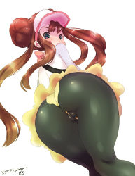 Rule 34 | 10s, 1girl, ass, bad id, bad pixiv id, black pantyhose, blue eyes, blush, born-to-die, brown hair, cameltoe, cleft of venus, creatures (company), double bun, game freak, hair bun, heart, heart-shaped pupils, highres, long hair, looking back, nintendo, pantyhose, pokemon, pokemon bw2, raglan sleeves, rosa (pokemon), shorts, simple background, skirt, smile, solo, symbol-shaped pupils, twintails, visor cap, wedgie, white background