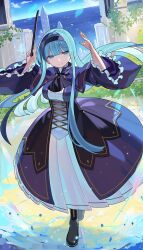 Rule 34 | 1girl, ascot, black ascot, black hairband, blue dress, blue eyes, blue hair, breasts, closed mouth, commentary request, cross-laced clothes, dress, falken (yutozin), frilled sleeves, frills, full body, hairband, highres, holding, horizon, large breasts, light particles, long hair, long sleeves, looking at viewer, ocean, original, outdoors, sidelocks, smile, solo, standing