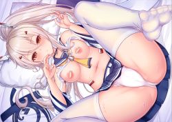 Rule 34 | 1girl, :&lt;, areola slip, ass, ayanami (azur lane), azur lane, bandaid, bandaid on arm, bandaids on nipples, bare shoulders, bed sheet, belt, black choker, blue sailor collar, blue skirt, blush, breasts, cameltoe, choker, clothes lift, collarbone, commentary request, crop top, detached sleeves, double v, groin, hair between eyes, hair ornament, headgear, high ponytail, long hair, looking at viewer, lying, navel, neckerchief, no shoes, on back, on bed, orange eyes, panties, pasties, pillow, platinum blonde hair, pleated skirt, ponytail, retrofit (azur lane), sailor collar, school uniform, shirt, shirt lift, sidelocks, skindentation, skirt, solo, spread legs, stomach, sweat, thighhighs, underwear, v, white belt, white panties, white shirt, white sleeves, white thighhighs, wide sleeves, yellow neckerchief, yoshiheihe, zettai ryouiki