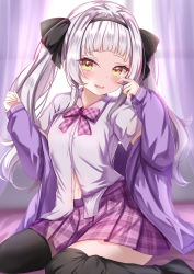 Rule 34 | 1girl, black hairband, black ribbon, black thighhighs, blush, bow, bowtie, collared shirt, hair ribbon, hairband, highres, hololive, jacket, long hair, long sleeves, looking at viewer, murasaki shion, navel, off shoulder, open clothes, open jacket, parted lips, pink bow, pink bowtie, plaid, plaid bow, plaid bowtie, plaid skirt, purple jacket, ribbon, shirt, short sleeves, silver hair, sitting, skirt, smile, solo, thighhighs, twintails, virtual youtuber, white shirt, yellow eyes, yuano