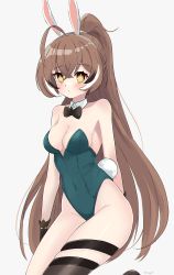 Rule 34 | 1girl, absurdres, ahoge, animal ears, arms at sides, arms behind back, bare shoulders, blush, bow, bowtie, breasts, brown hair, cleavage, closed mouth, collarbone, covered navel, cowboy shot, crossed bangs, detached collar, empty eyes, fake animal ears, fake tail, gloves, green leotard, hair between eyes, hair ornament, hairclip, highleg, highleg leotard, highres, hololive, hololive english, leotard, long hair, looking at viewer, magui3, medium breasts, multicolored hair, nanashi mumei, playboy bunny, ponytail, rabbit ears, rabbit tail, simple background, single thighhigh, solo, strapless, strapless leotard, streaked hair, tail, thigh strap, thighhighs, traditional bowtie, very long hair, virtual youtuber, yellow eyes