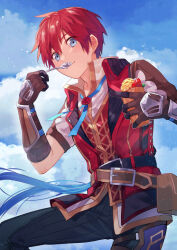 Rule 34 | 1boy, adol christin, armor, belt, blue eyes, blue sky, cloud, commentary request, eating, from below, gloves, hair between eyes, holding, holding spoon, kiruri (mimosayoshi), layered clothes, light blush, light particles, looking at viewer, male focus, multiple belts, pants, red hair, short hair, sky, smile, solo, spoon, upper body, utensil in mouth, ys, ys viii lacrimosa of dana