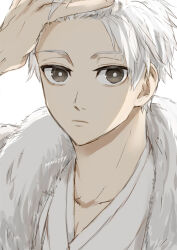 Rule 34 | 1boy, blue lock, bright pupils, closed mouth, commentary request, fur trim, hand in own hair, japanese clothes, kimono, looking at viewer, male focus, nagi seishirou, nori20170709, short hair, simple background, solo, twitter username, white background, white hair, white kimono, white pupils