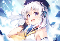 Rule 34 | 1girl, arm garter, bare shoulders, beret, blue ribbon, blue sailor collar, breasts, character request, copyright request, hair ribbon, hand in own hair, hat, light rays, medium breasts, medium hair, miyase mahiro, open mouth, purple eyes, ribbon, sailor collar, sideboob, solo, white hair, wrist cuffs