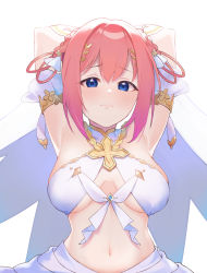 Rule 34 | 1girl, arm up, armpits, bare shoulders, blue eyes, blush, braid, braided hair rings, breasts, cleavage, covered erect nipples, criss-cross halter, frown, hair ribbon, hair rings, halterneck, highres, large breasts, looking at viewer, navel, pink hair, presenting armpit, princess connect!, ribbon, shimon (31426784), short hair, solo, twin braids, yui (ceremonial) (princess connect!), yui (princess connect!)