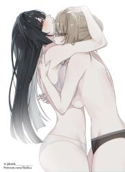 2girls astra_yao black_hair black_panties bra breasts brown_hair colored_inner_hair commentary evelyn_chevalier grey_hair hand_on_another&#039;s_head highres long_hair medium_breasts multicolored_hair multiple_girls panties patreon_username purple_eyes red_eyes seol_(baconontheclock) short_hair smile topless two-tone_hair underwear underwear_only white_bra white_panties yuri zenless_zone_zero