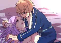 Rule 34 | 1boy, 1girl, aqua eyes, bed, belt, blonde hair, blue jacket, breasts, choker, clenched hand, clothed male nude female, eugeo, eye contact, hair between eyes, hair ornament, hand up, hetero, highres, jacket, large breasts, light purple hair, long hair, long sleeves, looking at another, lying, neck, nude, on back, on bed, open mouth, purple eyes, quinella, short hair, smile, sweat, sword art online, sword art online: alicization, upper body, white choker