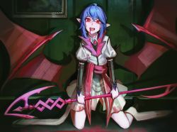 Rule 34 | 1girl, bat wings, blood, blood in mouth, blue hair, commentary, dethmaid, dress, full body, head tilt, highres, holding, holding staff, kneeling, looking at viewer, medium hair, picture frame, pointy ears, puffy short sleeves, puffy sleeves, red eyes, remilia scarlet, short sleeves, slit pupils, solo, staff, touhou, vampire, white dress, wings