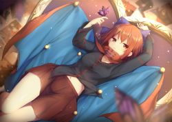 Rule 34 | 1girl, black shirt, blue bow, blurry, blurry background, bow, breasts, bug, butterfly, cape, expressionless, glint, hair bow, highres, bug, light particles, long sleeves, looking at viewer, midriff, miniskirt, navel, nnyara, pinned, red eyes, red hair, red skirt, sekibanki, shirt, short hair, skirt, small breasts, solo, thigh gap, touhou