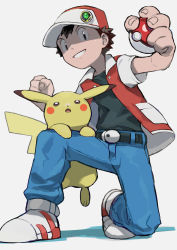 Rule 34 | 1boy, baseball cap, belt, belt buckle, black shirt, blue pants, buckle, clenched hand, clenched teeth, creatures (company), donnpati, game freak, gen 1 pokemon, hat, highres, holding, holding poke ball, jacket, kneeling, looking at viewer, male focus, nintendo, on one knee, pants, pikachu, poke ball, poke ball (basic), pokemon, pokemon (creature), pokemon on leg, pokemon rgby, red (pokemon), shirt, shoes, short hair, short sleeves, teeth, white footwear