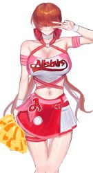 Rule 34 | 1girl, absurdres, bare shoulders, breasts, cheerleader, cleavage, commentary, covered eyes, cropped legs, dan koflove, hair over eyes, hand up, highres, long hair, midriff, navel, official alternate costume, pom pom (cheerleading), red hair, shermie (kof), shirt, simple background, skirt, sleeveless, sleeveless shirt, smile, solo, the king of fighters, the king of fighters all-stars, thigh strap, v, white background, white wristband, wristband