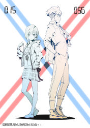 Rule 34 | 10s, 1boy, 1girl, absurdres, artist name, charm (object), clothes writing, collared shirt, contrapposto, darling in the franxx, dated, glasses, gorgeous mushroom, gorou (darling in the franxx), hair ornament, hairclip, hand up, height difference, highres, ichigo (darling in the franxx), limited palette, looking at viewer, necktie, pants, pleated skirt, popped collar, profile, revision, shirt, shoes, short hair, skirt, smile, standing, watch, wing collar, wristwatch