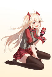 Rule 34 | 1girl, :d, absurdres, ahoge, azur lane, between legs, black gloves, black thighhighs, blonde hair, bluecher (azur lane), blush, bodystocking, breasts, can, chinese commentary, coca-cola, commentary, drink can, fang, full body, gloves, grey shirt, hair between eyes, hair ornament, hand between legs, highres, holding, holding can, koshouko (fenrisulfr1010), large breasts, long hair, looking at viewer, miniskirt, multicolored clothes, multicolored scarf, open mouth, partially fingerless gloves, plaid, plaid skirt, pleated skirt, red eyes, red scarf, red skirt, red sleeves, scarf, shirt, short sleeves, sidelocks, simple background, sitting, skin fang, skirt, smile, soda can, solo, thighhighs, twintails, wariza, zettai ryouiki