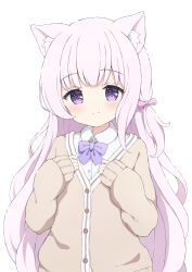 Rule 34 | 1girl, animal ear fluff, animal ears, blush, bow, bowtie, brown cardigan, buttons, cardigan, cat ears, cat girl, closed mouth, collared shirt, dot nose, hair bow, highres, long bangs, long hair, long sleeves, looking at viewer, original, pink bow, pink hair, purple bow, purple bowtie, raised eyebrows, school uniform, shirt, sidelocks, simple background, sleeves past wrists, smile, solo, straight-on, straight hair, tyakomes, underwear, v-neck, white background, white shirt
