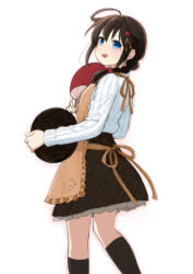 Rule 34 | 1girl, ahoge, alternate costume, apron, black socks, blue eyes, braid, brown hair, brown skirt, chagen kokimu, commentary request, hair between eyes, hair flaps, hair ornament, hand fan, holding, holding fan, holding tray, kantai collection, kneehighs, long hair, long sleeves, open mouth, orange apron, ribbed sweater, shigure (kancolle), shigure kai ni (kancolle), sidelocks, simple background, single braid, skirt, socks, solo, sweater, tray, white background, white sweater
