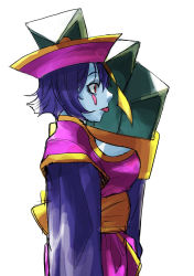 Rule 34 | 1girl, blush, blush stickers, claw (weapon), cleavage cutout, closed mouth, clothing cutout, highres, jiangshi, lei lei, ofuda, pink headwear, profile, purple hair, red eyes, scratching head, short hair, simple background, sketch, sleeves past wrists, solo, taiyou, talisman, tongue, tongue out, vampire (game), weapon, white background