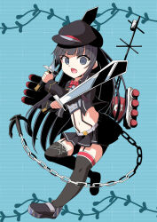 Rule 34 | 1girl, azur lane, belt, black hair, black headwear, black jacket, black skirt, black thighhighs, blue background, blunt bangs, bow, bowtie, chain, commentary request, crop top, full body, highres, holding, holding sword, holding weapon, jacket, long hair, looking at viewer, midriff, military, military uniform, miniskirt, navel, oozeki (v-necker), open clothes, open jacket, open mouth, pleated skirt, red bow, red bowtie, skirt, solo, sword, thighhighs, torpedo, uniform, v-shaped eyebrows, weapon, z19 hermann kunne (azur lane), zettai ryouiki
