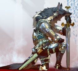 Rule 34 | 1boy, animal ears, armor, artist name, belt, black fur, body fur, breastplate, from side, full body, furry, furry male, hand on own knee, holding, holding sword, holding weapon, knee pads, knight, male focus, murayama ryota, on one knee, original, pauldrons, profile, sheath, sheathed, shoulder armor, sketch, snout, solo, sword, tail, weapon, wolf boy, wolf ears, wolf tail, yellow eyes