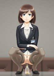 Rule 34 | 1girl, bottle, bottomless, brown hair, business suit, censored, formal, green eyes, looking at viewer, mosaic censoring, name tag, office lady, ogino atsushi, original, pee, peeing, peeing in bottle, pubic hair, pussy, short hair, skirt, skirt suit, smile, squatting, suit, thighhighs